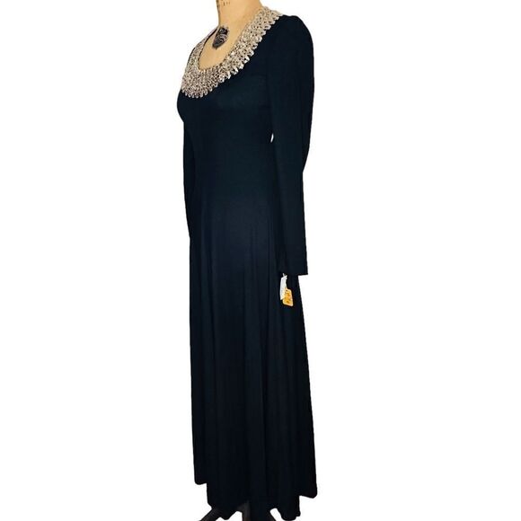 Vintage 70s Bernie Bee Long Black Dress with silver sequin neckline Size 2 NWT - Picture 5 of 15